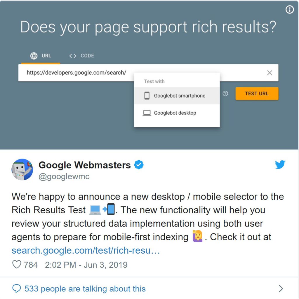 Google webmaster twittrar om testverktyget för utökade resultat