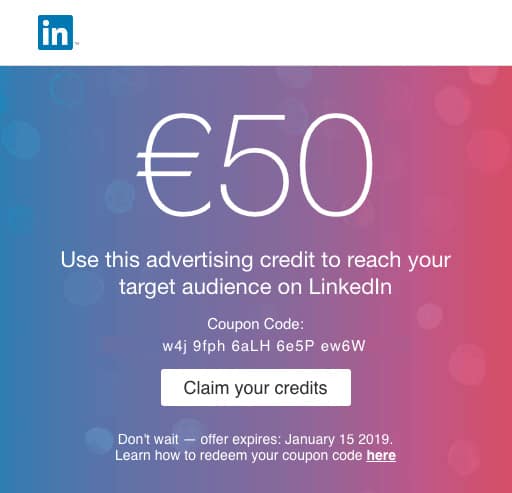 Bild på en kupongkod från Linkedin på 50 dollar till min praktik kampanj