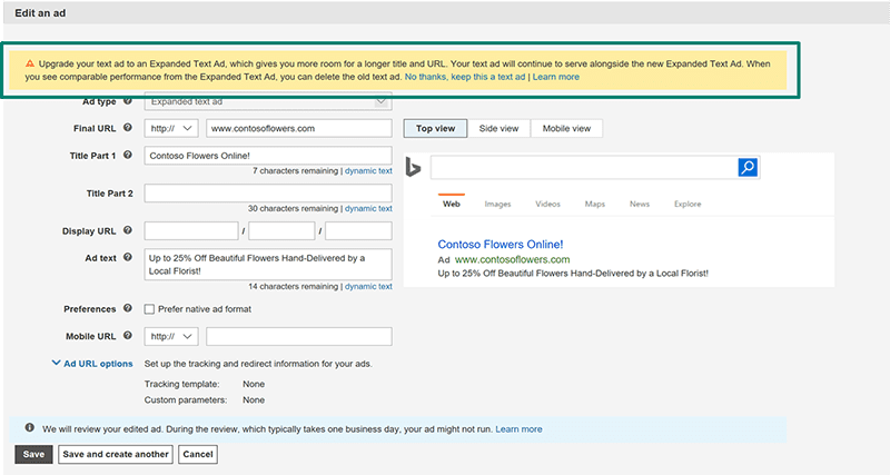 Expanded text ads Microsoft Bing