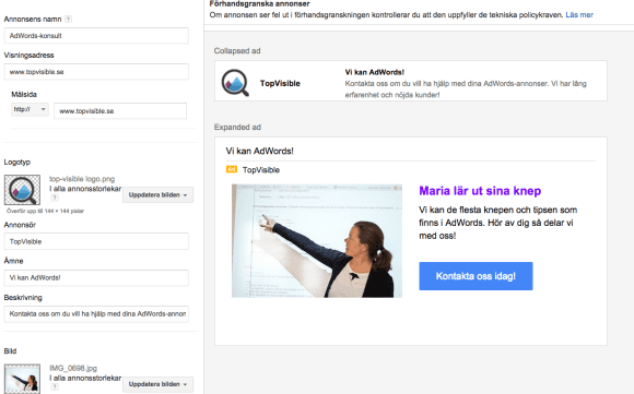 Exempel på hur du skapar en annons för Gmail