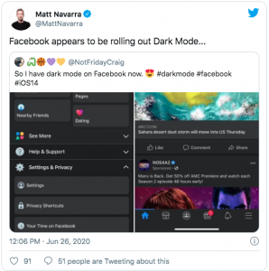 Facebook lanserar dark mode på mobilenhet