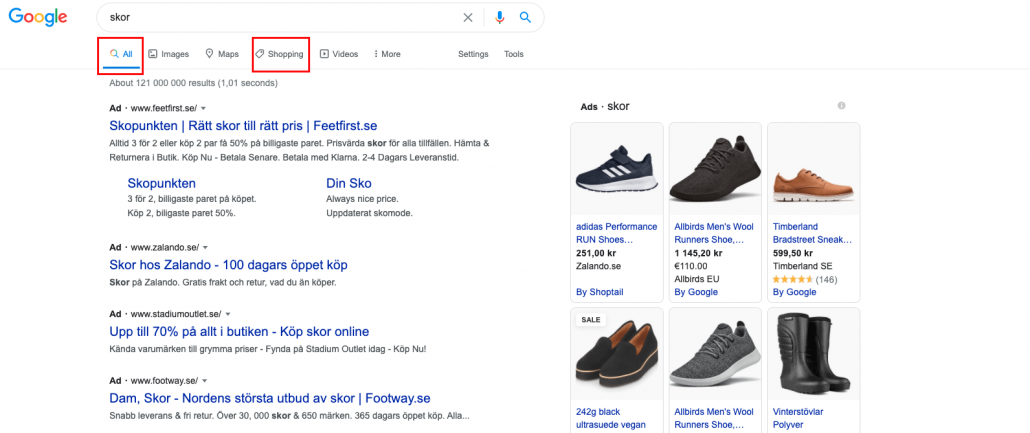 Gratis Google Shopping klick får ni under fliken Shopping