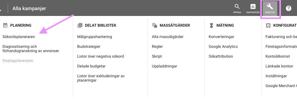 Sökordsplaneraren Google Ads.