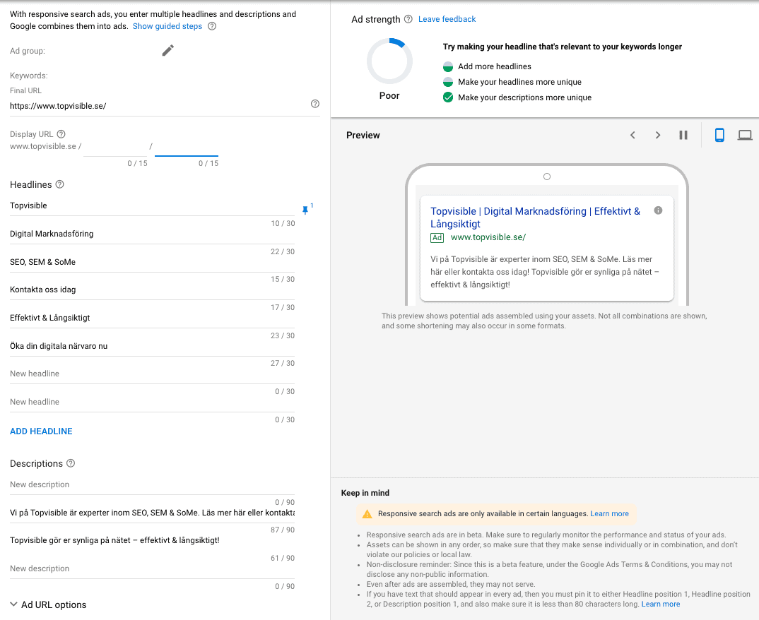 Skapa en responsive search ad
